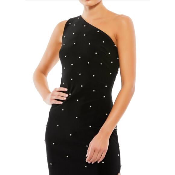 Mac Duggal Rhinestone One Shoulder Asymmetrical Black Midi Cocktail Dress 12 NEW - Picture 4 of 7